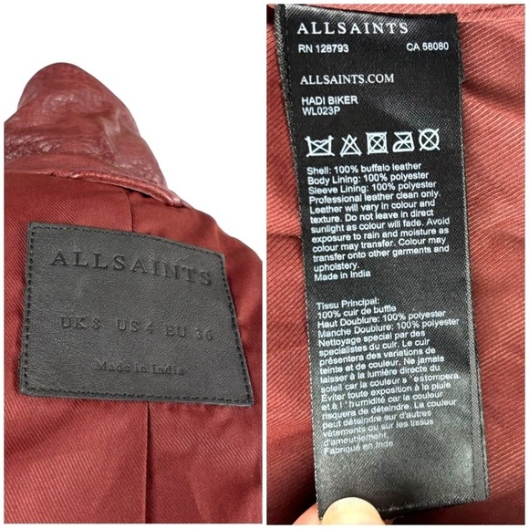 ALL SAINTS HADI CHERRY TUSCAN RED ZIP UP BUFFALO LEATHER BIKER MOTO JACKET - Picture 16 of 16